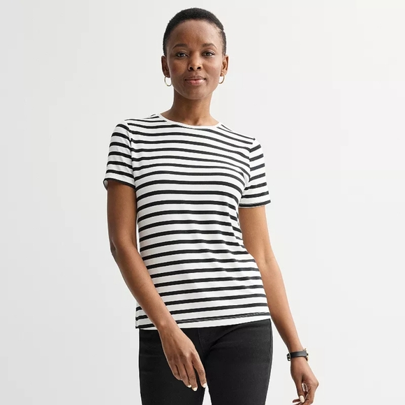 Nine West || Classic Black and White Striped Crewneck Tee - Picture 1 of 3